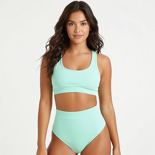 Photograph of a young woman with long, wavy dark brown hair, wearing a light blue ribbed bikini top and high-waisted bottoms,