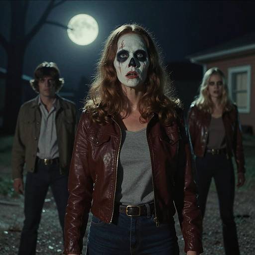 Photograph of a woman with white face paint, red lipstick, and a leather jacket, standing under a full moon, flanked by two people in