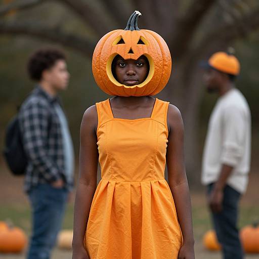 Photograph of a Black woman wearing a pumpkin headpiece and an orange dress, standing outdoors with blurred people in the background.