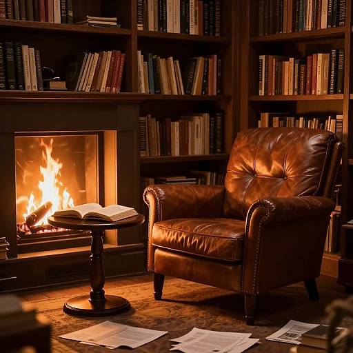 Photograph of a cozy library nook with a burning fireplace, brown leather armchair, wooden bookshelves, scattered papers, and a small round