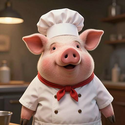 CGI cartoon pig in white chef's hat and double-breasted coat with red necktie, smiling, in a dimly lit kitchen.