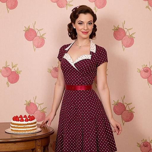 Vintage-style photograph of a smiling woman in a red polka dot dress with white collar, standing beside a strawberry-topped cake on a wooden table,