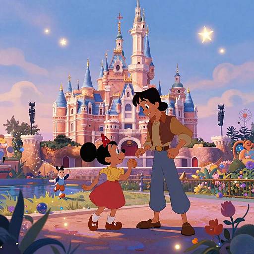 Digital illustration of a Disney-style scene with a boy and girl in front of a colorful, fairy-tale castle, surrounded by vibrant flowers and stars in