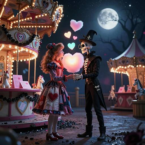 Moonlit Carnival Couple Sharing Cotton Candy Heart