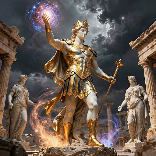 Greek God with Cosmic Powers in Ancient Ruins