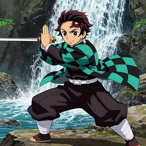 Anime-style illustration of a young male ninja with dark hair, wearing a green and black checkered scarf, black pants, and white wraps, holding a