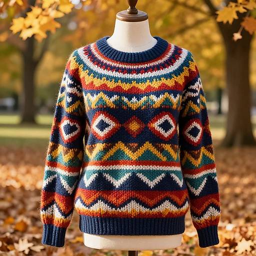 Photograph of a colorful, knitted, patterned sweater displayed on a mannequin against an autumn background with fallen leaves and yellow trees.