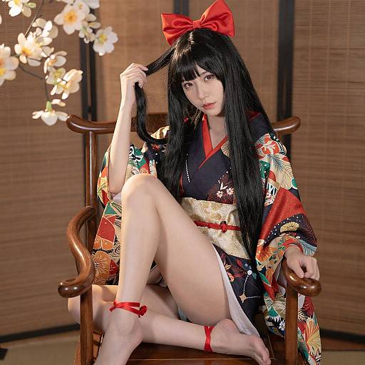 Asian Woman Kneeling in Traditional Attire