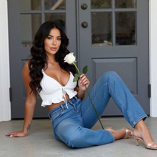 Photograph of a brunette woman with long curly hair, wearing a white crop top and blue jeans, sitting on a concrete porch, holding a white rose