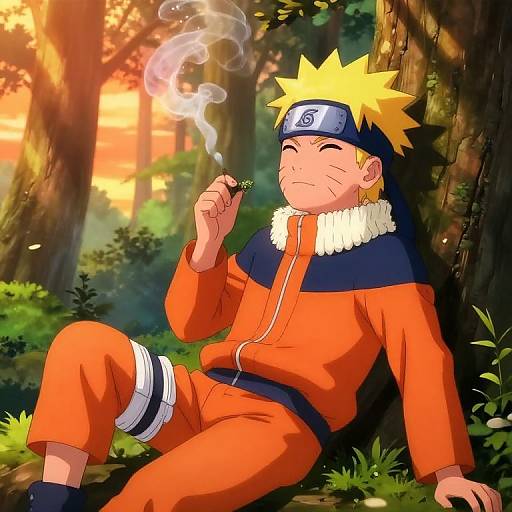 Anime-style digital drawing of Naruto, with spiky blonde hair, orange ninja outfit, and black headband, smoking a small joint by a forest sunset
