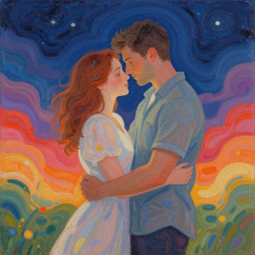 Digital painting of a couple in an intimate embrace under a vibrant, swirling sky with red, orange, and blue hues. The woman has red hair,