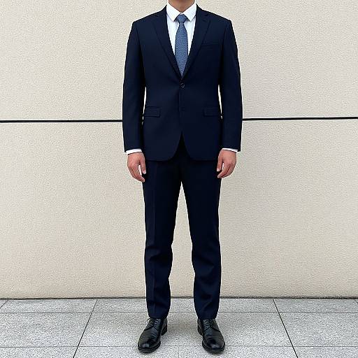Photograph of a man in a black suit, white shirt, and black tie, standing against a white wall with a tiled floor.