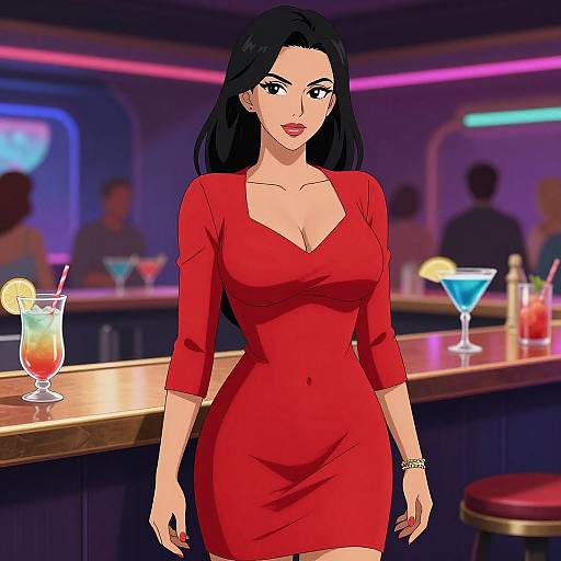 Digital anime-style drawing of a curvy woman with long black hair, red dress, and cleavage, standing at a neon-lit bar with colorful