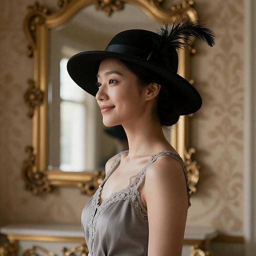 Elegant Woman in Black Hat with Feather