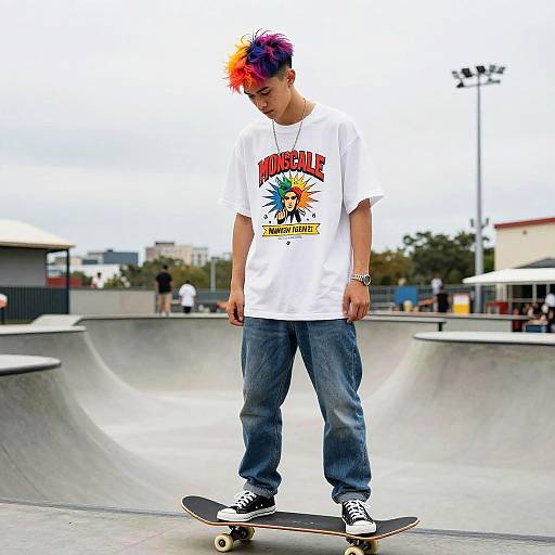 Male Skater with Vivid Hair at Urban Skatepark