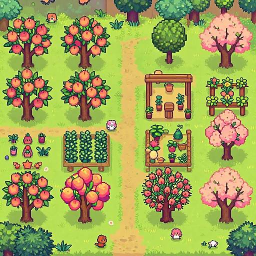 Pixel art garden scene with vibrant orange trees, pink cherry blossoms, green bushes, wooden planters, potted plants, and a yellow pathway.