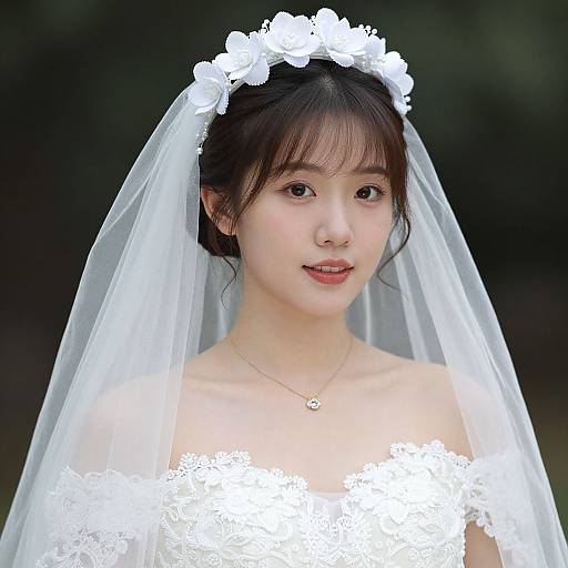 Photograph of an Asian bride with fair skin, black hair in a bun, white floral headpiece, and veil, wearing a strapless white lace