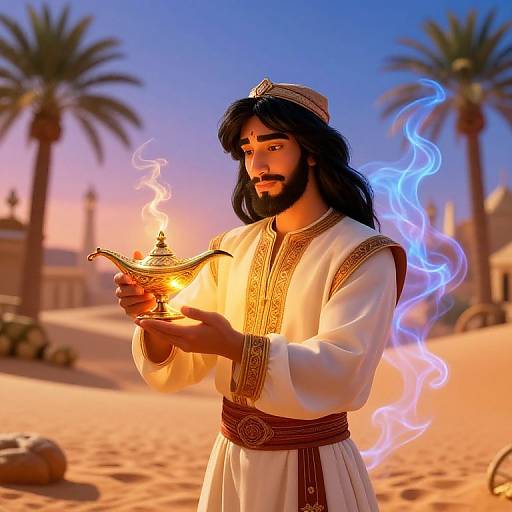 Digital artwork of a bearded man with long black hair in traditional white Arab attire, holding an ornate golden lamp with blue magical flames, against a