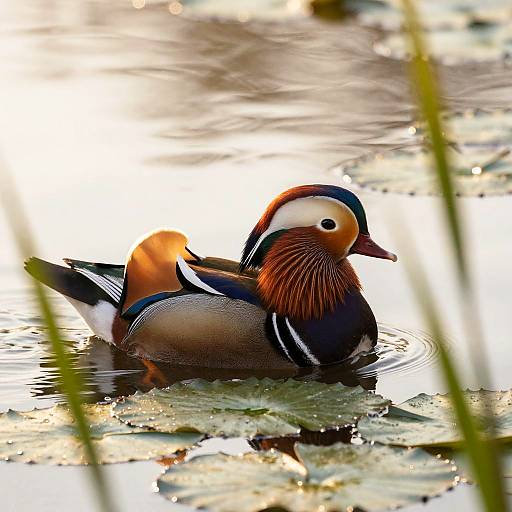 Photograph of a vibrant male wood duck with colorful plumage, floating on sunlit water, surrounded by lily pads and reeds.