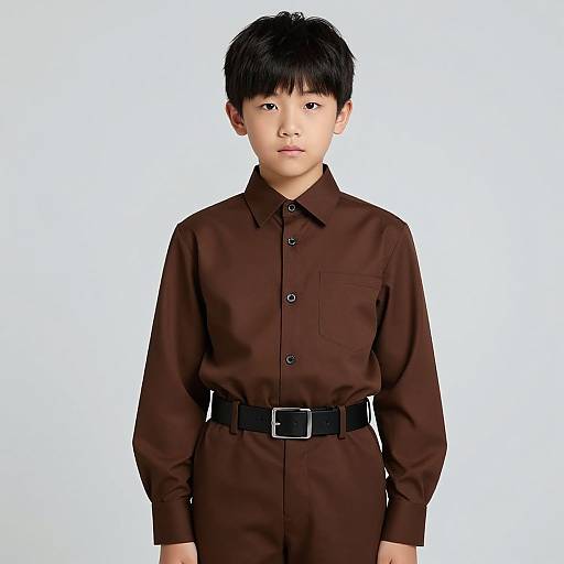 Photograph of an East Asian boy with short black hair, wearing a brown long-sleeve shirt and black belt, standing against a plain white background