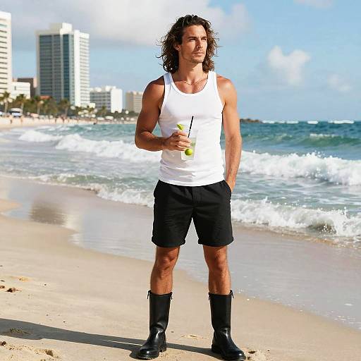 Photograph of a muscular man with long, wavy brown hair, wearing a white tank top, black shorts, and black boots, holding a drink