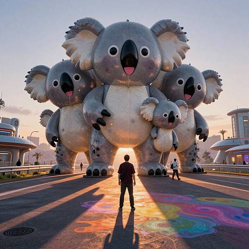 Futuristic Koala Balloon Fantasy Scene