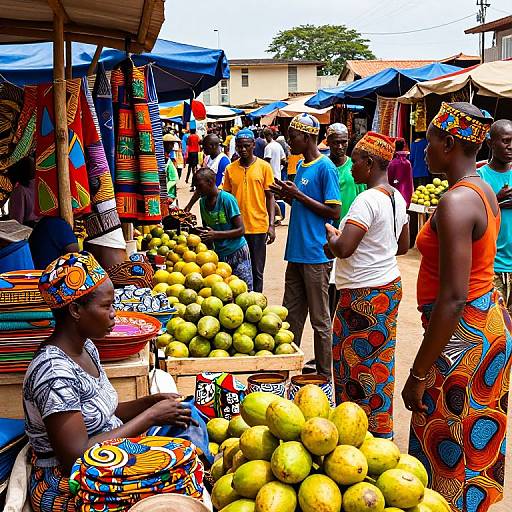 Vibrant outdoor market photograph: African vendors in colorful, patterned clothing sell yellow mangoes to diverse customers under blue tarps. Bright, lively