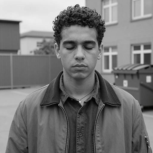 Young Man with Curly Hair in Urban Setting