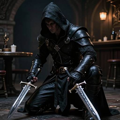 Photorealistic digital art of a hooded, armored warrior kneeling with two glowing swords in a dimly lit, medieval tavern.