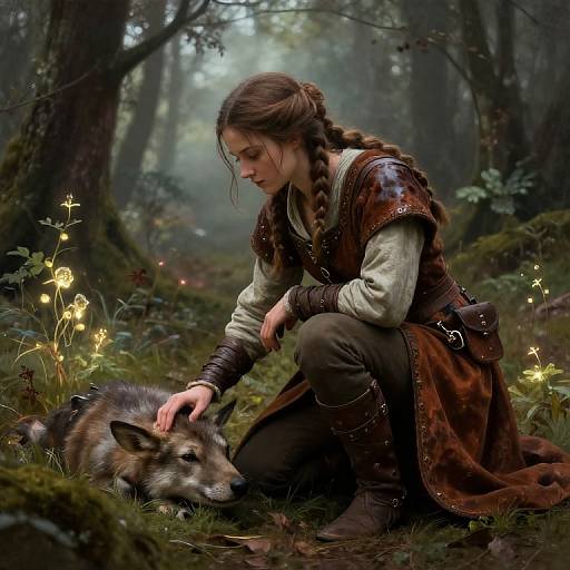 Photograph-like CGI: Young woman with braided brown hair, medieval brown leather dress, kneeling in misty forest, gently petting a wolf amidst