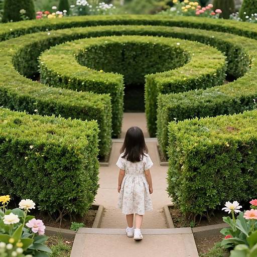 Photograph of a young girl with long black hair in a white dress walking through a lush, circular, green hedge maze, surrounded by colorful flowers.