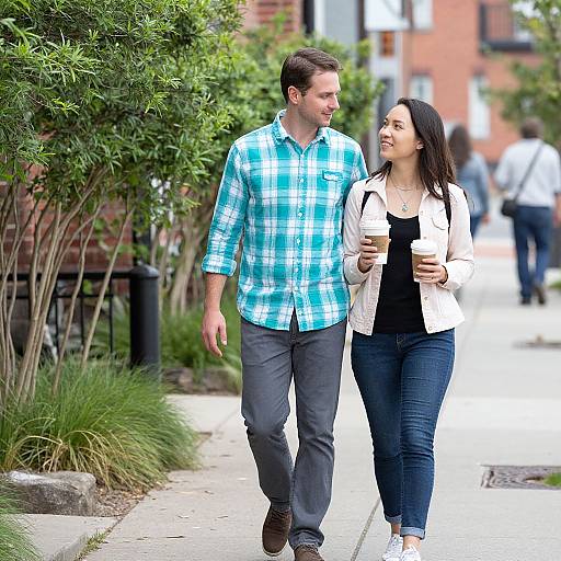 Photograph of a smiling couple walking on a sidewalk, the man in a blue plaid shirt and gray pants, the woman in a white jacket and