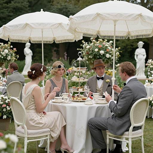 Photograph of four elegantly dressed people, two women and two men, seated under white fringed umbrellas at an outdoor garden table, enjoying tea
