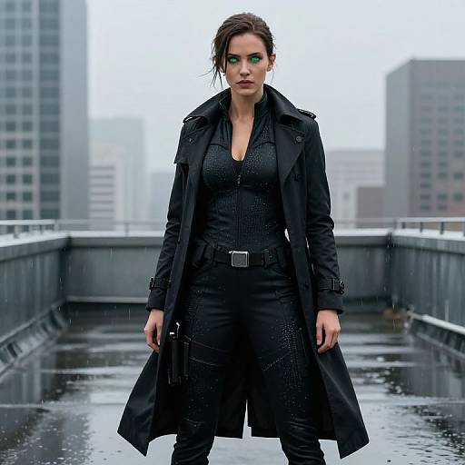 Stylish Female Spy in Rainy Rooftop
