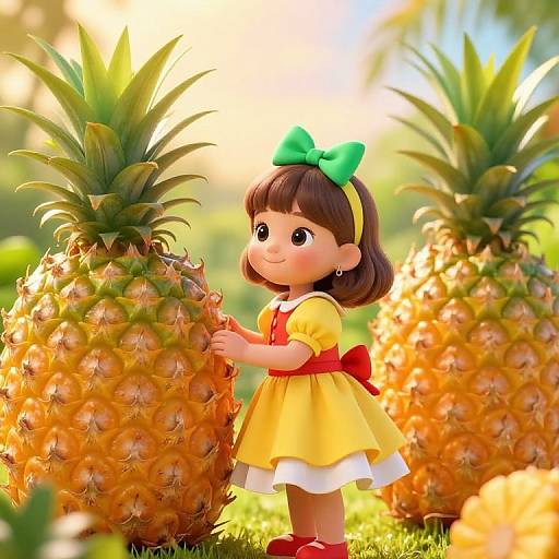 Cheerful Girl with Pineapples in Tropics