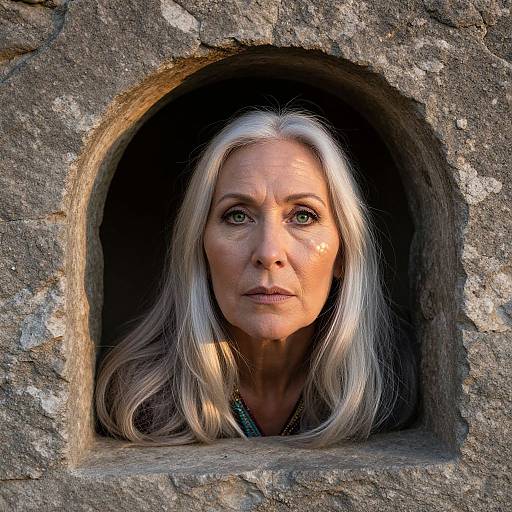 Photograph of a mature Caucasian woman with long, silver hair, green eyes, and fair skin, peering through an arched, weathered stone