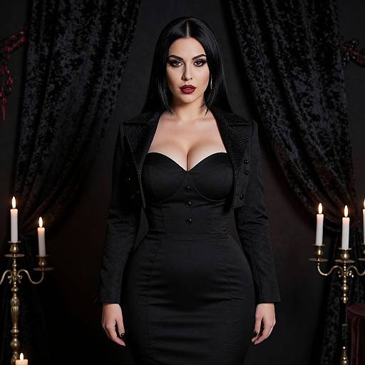 Photograph of a pale-skinned woman with black hair, red lipstick, and large breasts, wearing a black, strapless dress and jacket, standing