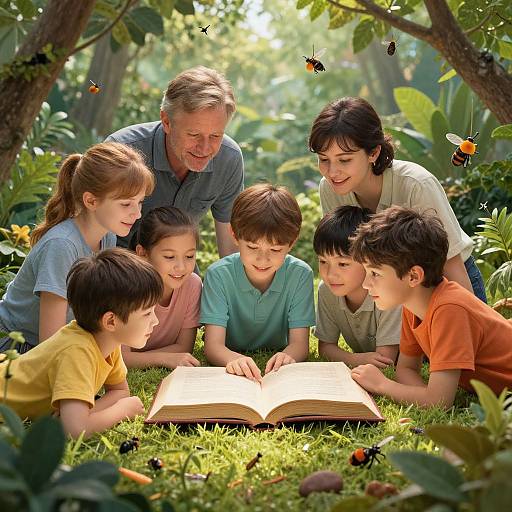 Photograph: Six smiling family members—two adults and four children—gather in a sunlit forest, closely reading an open book surrounded by butterflies and