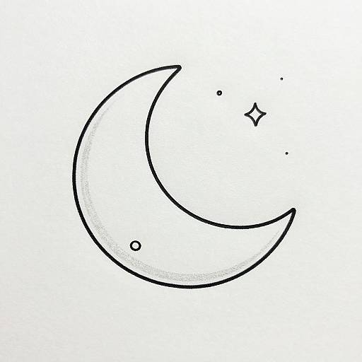 Black-and-white line drawing of a crescent moon with two small dots (stars) near the top right. Simple, minimalist style.