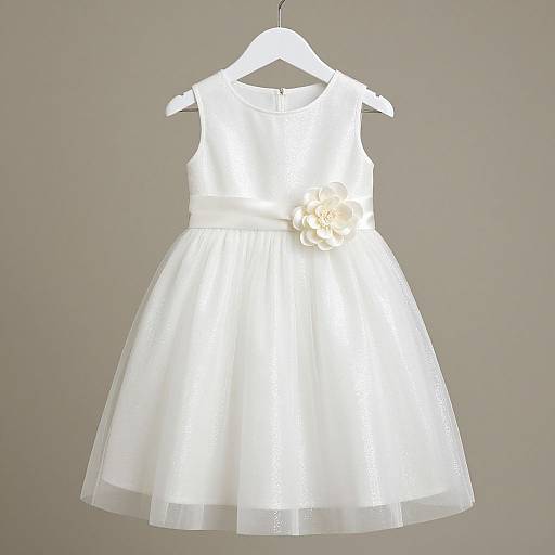 Photograph of a white, sleeveless, knee-length floral dress with a large white flower on the right side, hanging on a hanger against a