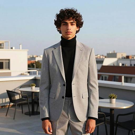 Photograph of a young man with curly black hair, wearing a light gray suit, black turtleneck, standing on a rooftop terrace with urban buildings