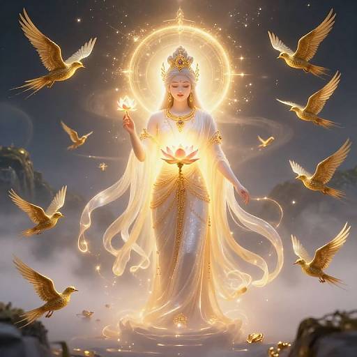 Digital artwork of a radiant, ethereal goddess with glowing halo, golden birds flying around, wearing a white dress with golden accents, holding a flame,