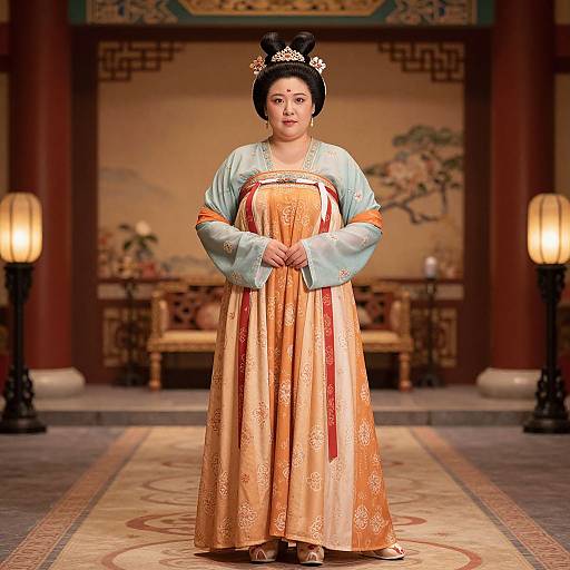 Asian woman in traditional orange and blue qipao, silver tiara, standing in ornate room with lanterns, intricate wallpaper, and carpet.