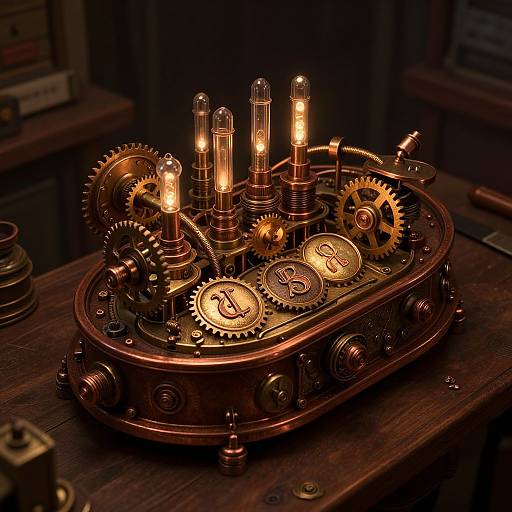 Photograph of a detailed, brass steampunk clockwork device with glowing filament bulbs, gears, and dollar symbols, on a wooden table.