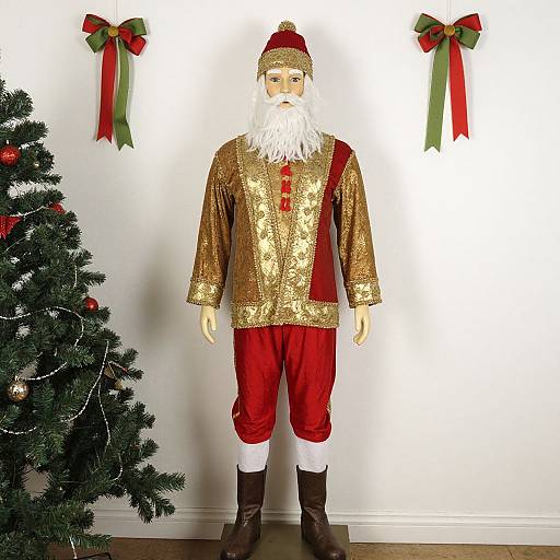 Photograph of a Santa Claus costume with gold sequin shirt, red pants, white beard, and hat, standing in front of a decorated Christmas tree