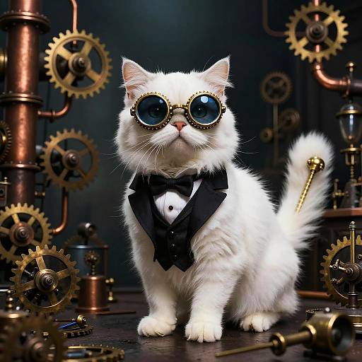 Steampunk white cat with round blue goggles and black bow tie, surrounded by brass gears and copper pipes, dark background. Digital artwork.