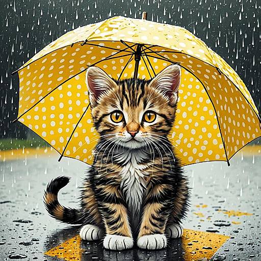 Charming Kitten Under Polka Dot Umbrella