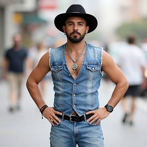 Photograph of a muscular, bearded man with olive skin wearing a black hat, denim vest, necklace, and wristwatch, standing confidently on a
