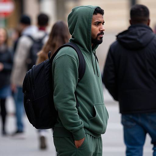 Man in Green Hoodie on Street