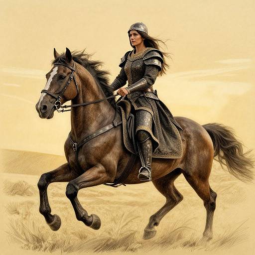 Digital artwork of a medieval warrior woman with long dark hair, wearing a silver helmet and detailed black armor, riding a brown horse through a yellow grassy
